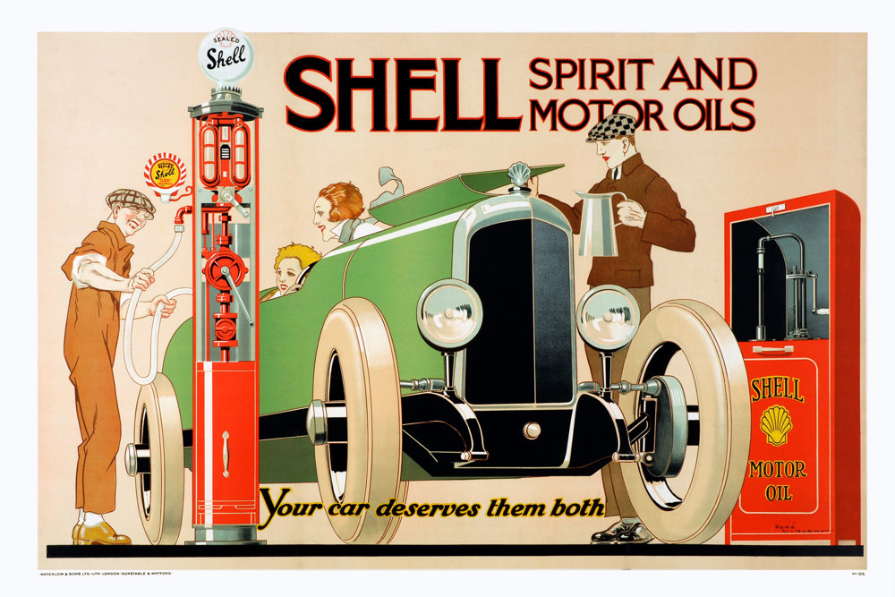 Shell poster number 125, Shell Spirit and Motor Oils - Your car deserves them both by René Vincent (Czon). Painting of a car being filled up using a Shell petrol pump and having oil added from a Shell sealed cabinet.