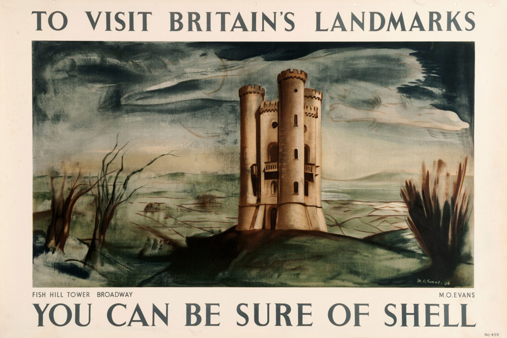 Shell poster number 459, Fish Hill Tower, Broadway by M.O. Evans. Painting of Fish Hill Towera folly on Broadway Hill, it is the second highest point of the Cotswolds.