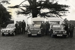 Team Taurus at the 1969 Caravan Road Rally. Peter Bennion is pictured next to the far left outfit holding the National Caravan Council Challenge Cup with the Esso Challenge Cup being held by Mike Cockle on the far right outfit.