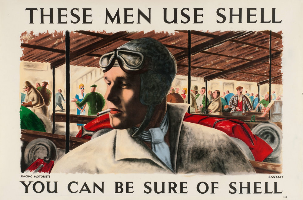 Shell poster number 539, Racing Motorists (1939) by Richard Guyatt. Painting of a racing driver (head and shoulders) smoking a cigarette, with crowd in background.