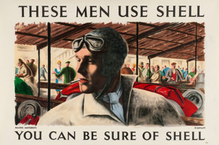 Shell poster number 539, Racing Motorists (1939) by Richard Guyatt. Painting of a racing driver (head and shoulders) smoking a cigarette, with crowd in background.