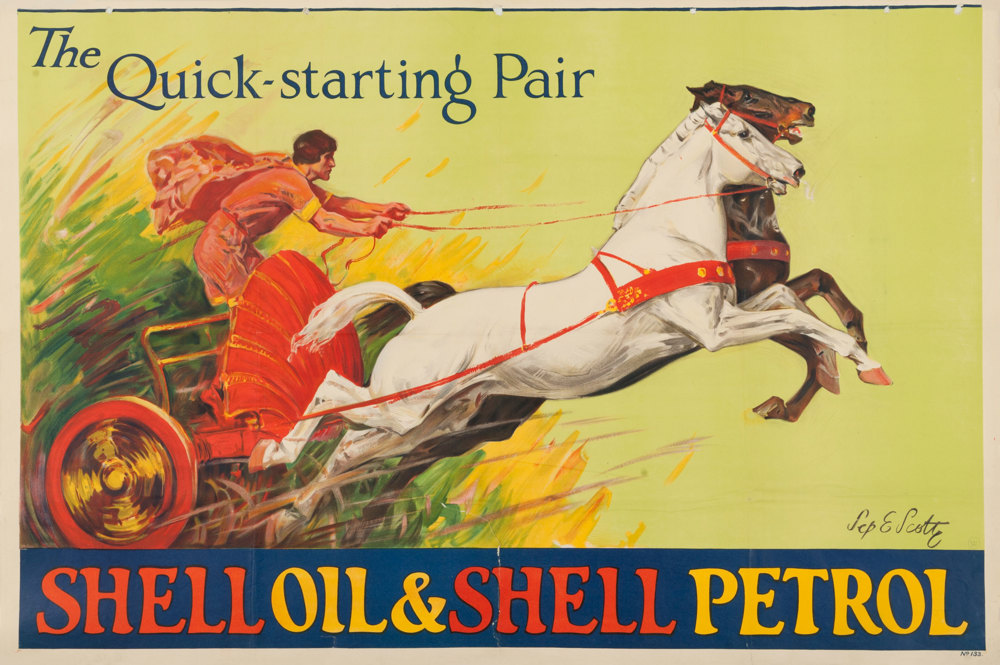 Shell poster number 133, The quick starting pair by Septimus Edwin Scott, Chariot and Two Coloured Horses. Painting shows a Roman riding a chariot with two horses, to represent the reliability and power of using Shell's products simultaneously.