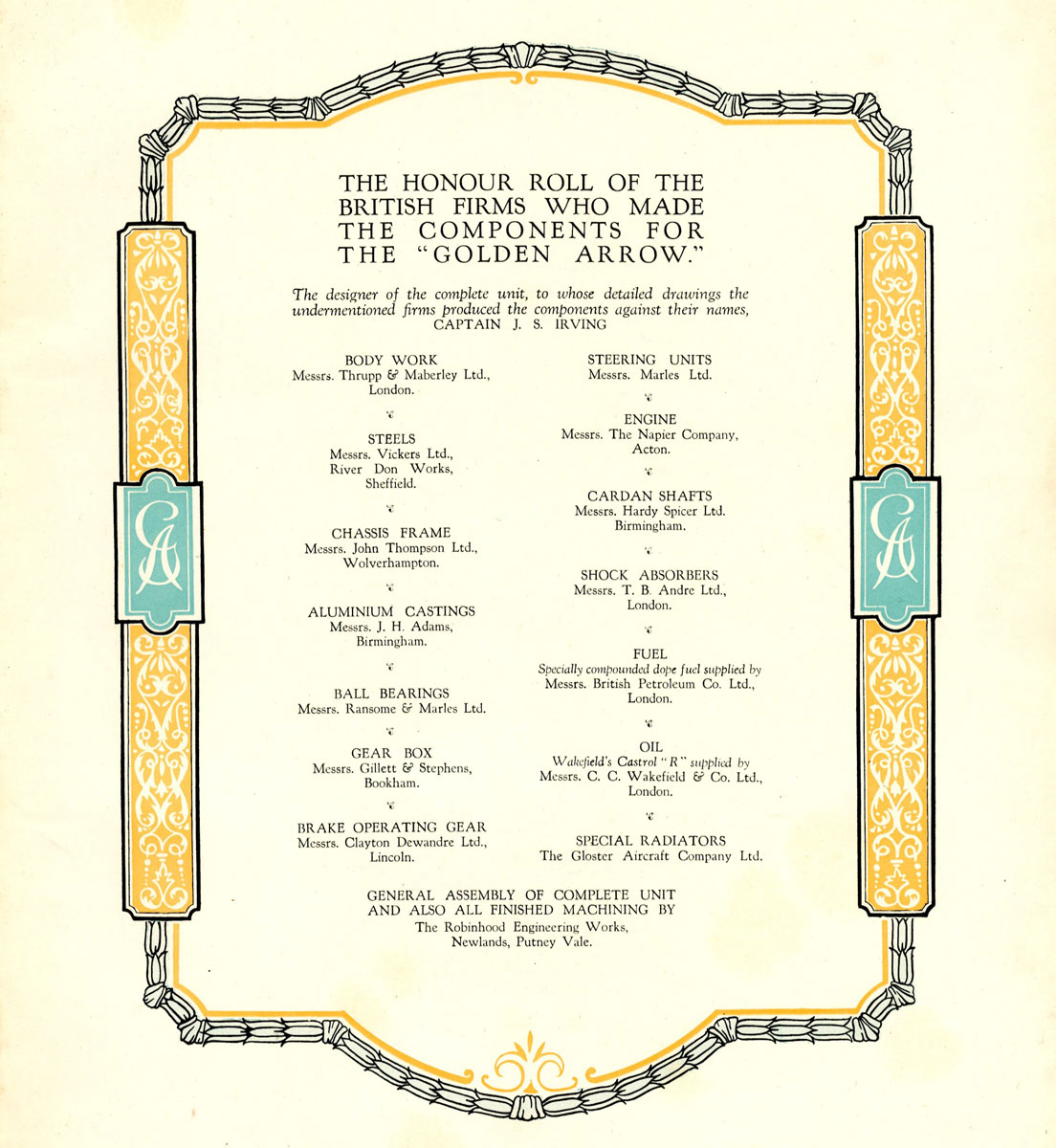 Golden Arrow Roll Of Honour listing the firms involved in the project