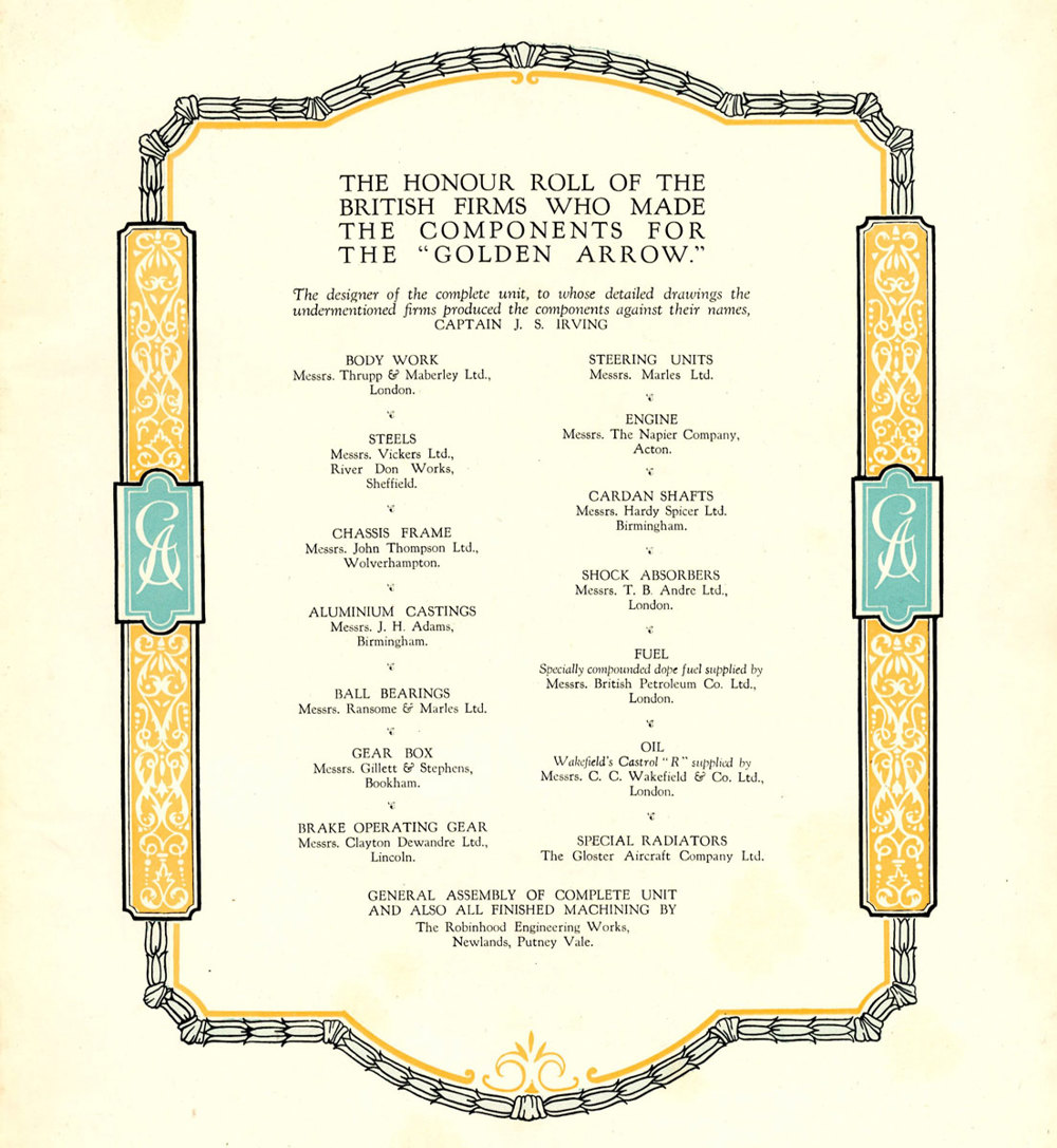 Golden Arrow Roll Of Honour listing the firms involved in the project