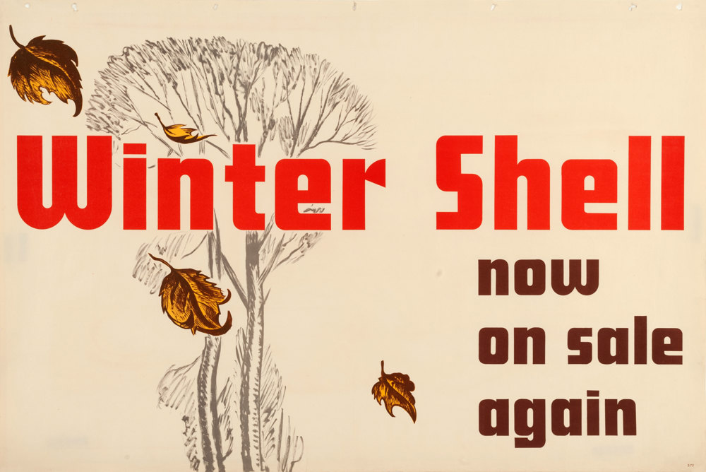 Shell poster number 372, Winter Shell by artist unknown. Text reads 'Winter Shell now on sale again' and has a drawing of a sparse tree in the background and four falling golden leaves.