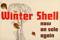 Shell poster number 372, Winter Shell by artist unknown. Text reads 'Winter Shell now on sale again' and has a drawing of a sparse tree in the background and four falling golden leaves.