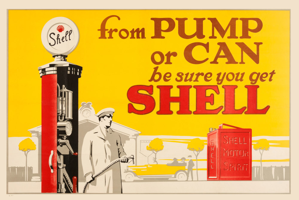 Shell poster number 47, From Pump or Can, be sure you get Shell (1923) by Shell Studio. Illustration of a garage worker standing by a Shell petrol pump, also shown is a red Shell Motor Spirit can.