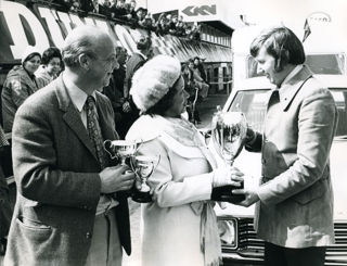 Managing Director of Elddis caravans receives the Brighton Trophy for the third year running, 1973.