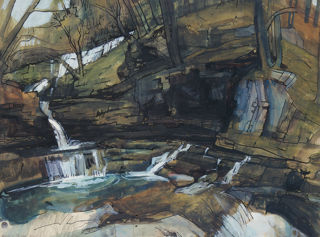 Painting 'Clyn-Gwyn Falls' by Janet Sturge, 1967, part of the 1968 Shell calendar under the title ‘Off the Beaten Track’