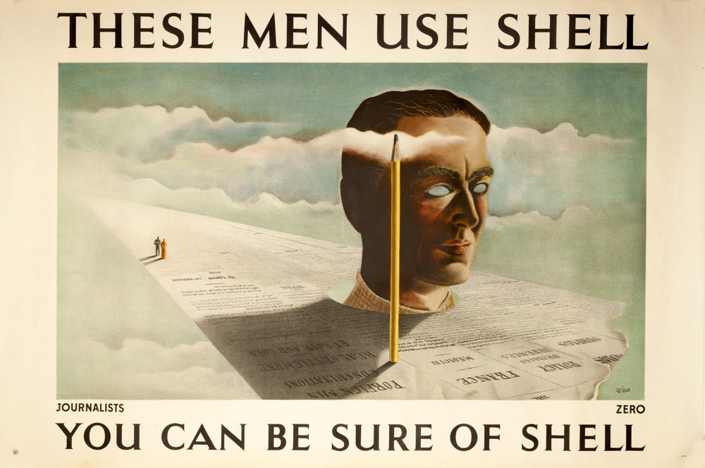 Shell poster number 513, Journalists Use Shell by Zero-Hans Schleger. Painting of a stylised disembodied head on a newspaper with a pencil next to it.