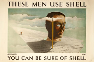 Shell poster number 513, Journalists Use Shell by Zero-Hans Schleger. Painting of a stylised disembodied head on a newspaper with a pencil next to it.
