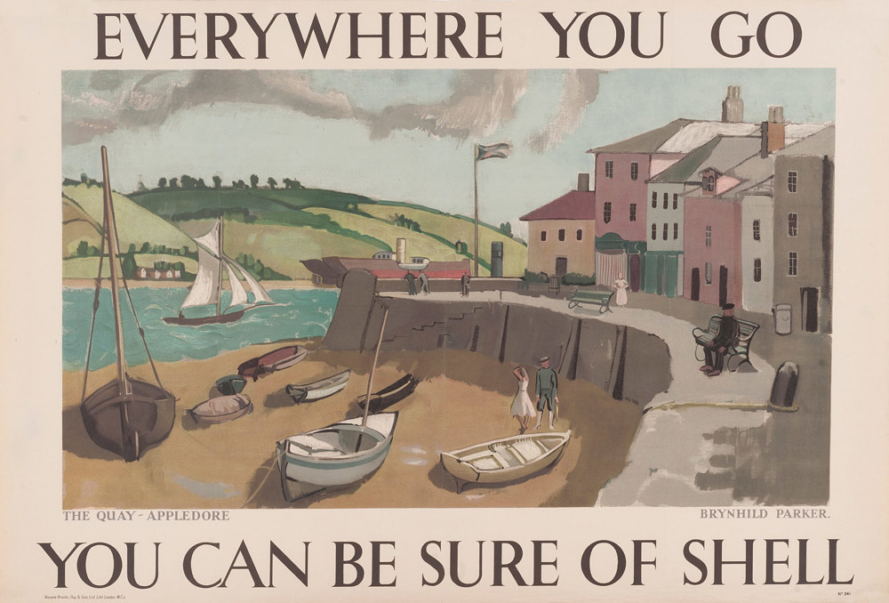 Painting 'The Quay – Appledore' by Margaret Brynhild Parker, 1932, part of the 'You Can Be Sure Of Shell' advertising campaign