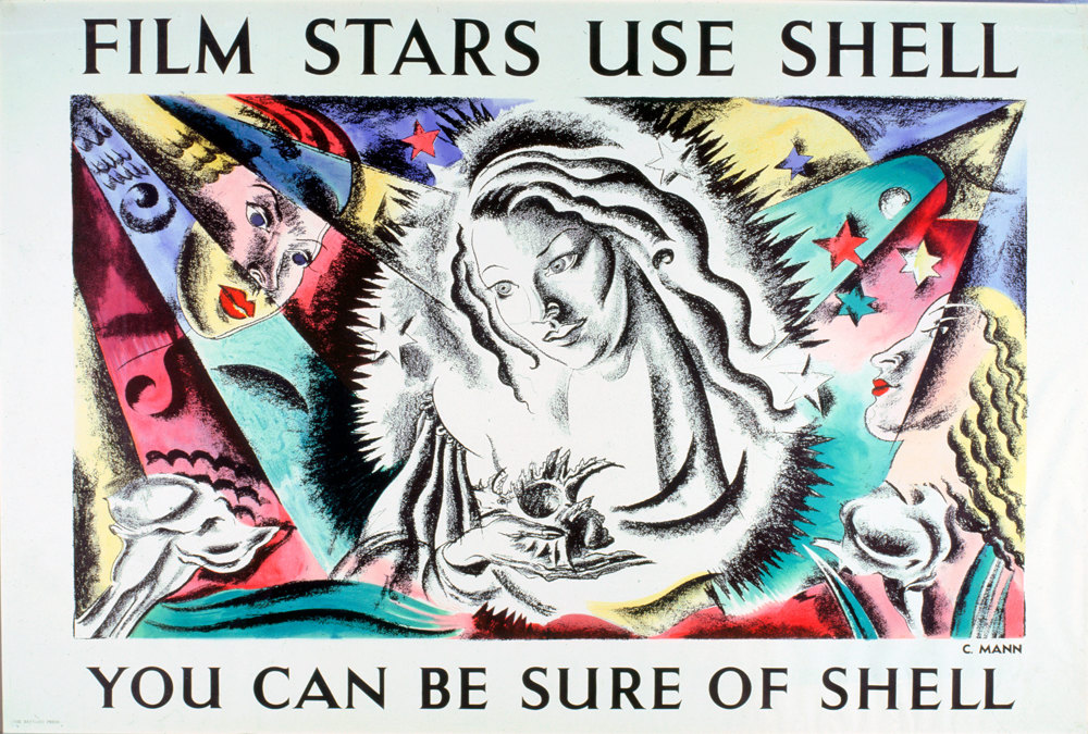 Shell poster number 525 Film stars use Shell (1938) by Cathleen Mann. A fairly abstract painting of a woman in spotlight, holding a shell, whilst two others look on.