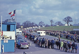 Competitors line up at a British Caravan Road Rally, Mallory Park, 1971.