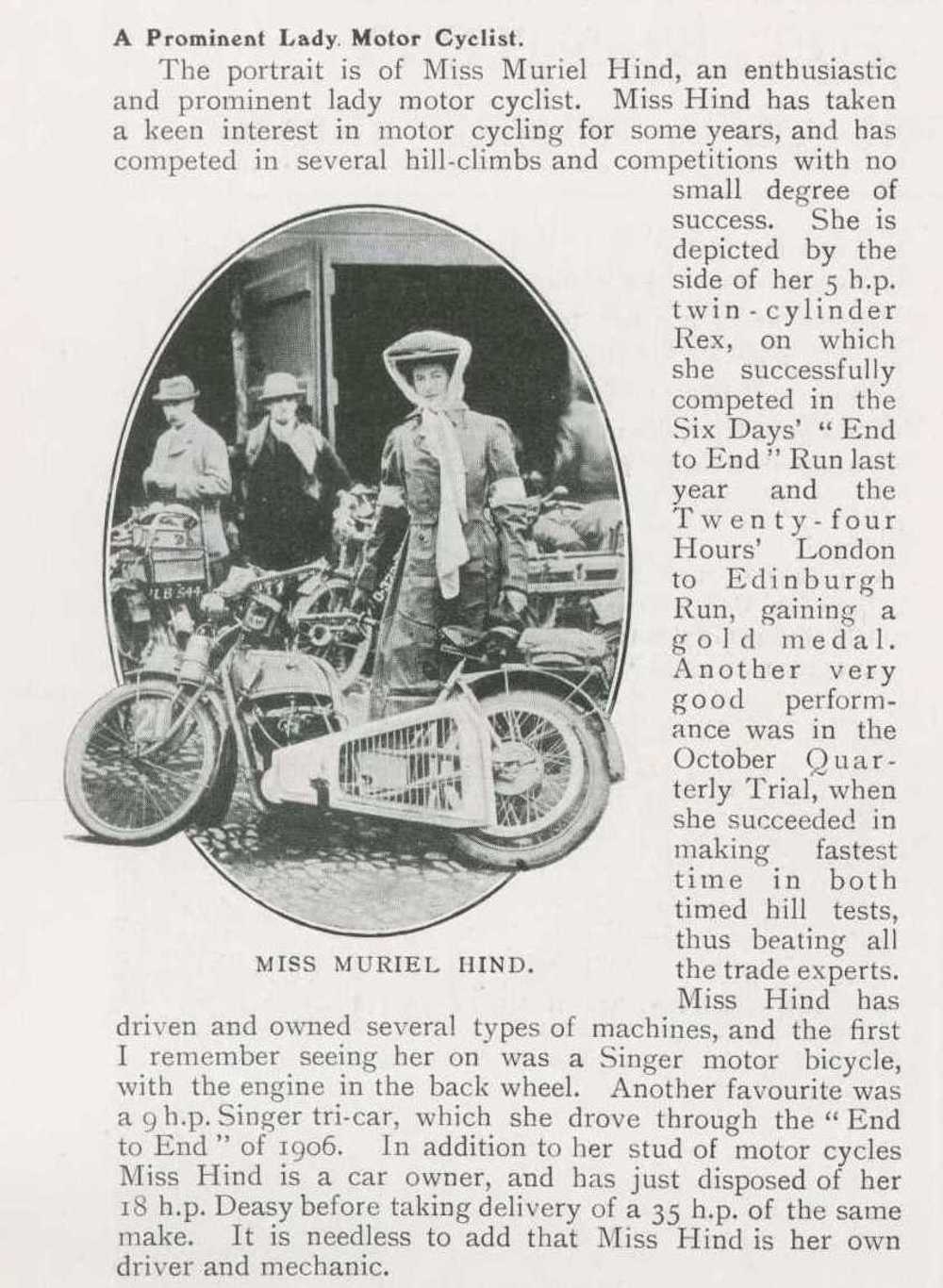 'A Prominent Lady Motor Cyclist' article from The Car Illustrated magazine portraying Miss Muriel Hind