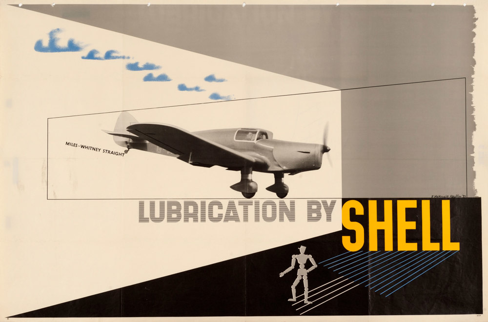 Shell poster number 477, Miles-Whitney Straight by Edward McKnight Kauffer. Photograph of the Miles-Whitney Straight monoplane with the text, 'Lubrication by Shell'.