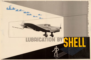 Shell poster number 477, Miles-Whitney Straight by Edward McKnight Kauffer. Photograph of the Miles-Whitney Straight monoplane with the text, 'Lubrication by Shell'.