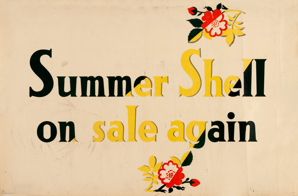 Shell poster number 358, Summer Shell on sale again by artist unknown. Features black and yellow text reading 'Summer Shell on sale again' on a cream background with stylised roses at the top and bottom.