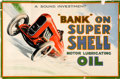 Shell poster number 73, Bank on Shell Racing Car by Norman Keene. Painting of a man driving a red racing car, text reads; "Bank on Super Shell Motor Lubricating Oil - A sound investment".