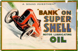 Shell poster number 73, Bank on Shell Racing Car by Norman Keene. Painting of a man driving a red racing car, text reads; "Bank on Super Shell Motor Lubricating Oil - A sound investment".