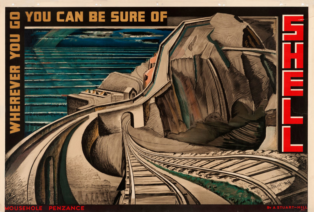 Shell poster number 360, Mousehole, Penzance by Alexander Stuart-Hill. Stylized, dramatic painting of a train track and road leading down to the town of Mousehole.