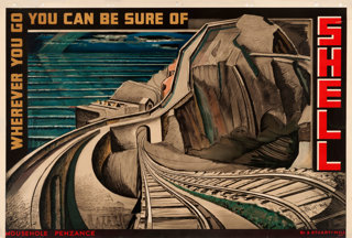 Shell poster number 360, Mousehole, Penzance by Alexander Stuart-Hill. Stylized, dramatic painting of a train track and road leading down to the town of Mousehole.