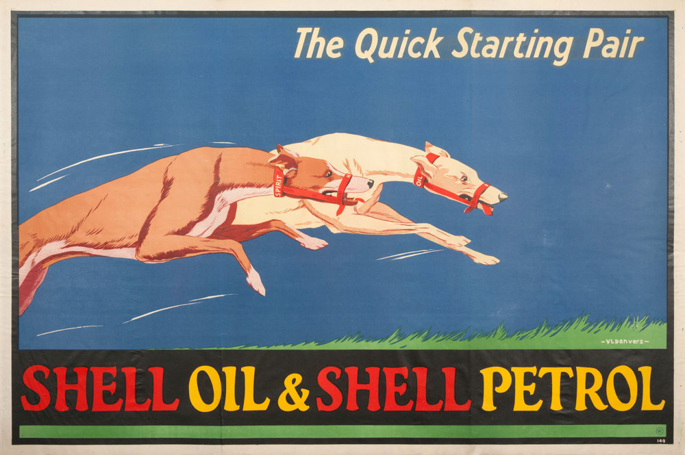 Shell poster number 149, The quick starting pair by Verney L. Danvers. Painting shows two greyhounds to represent the reliability and power of using Shell's products simultaneously.