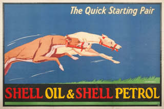 Shell poster number 149, The quick starting pair by Verney L. Danvers. Painting shows two greyhounds to represent the reliability and power of using Shell's products simultaneously.