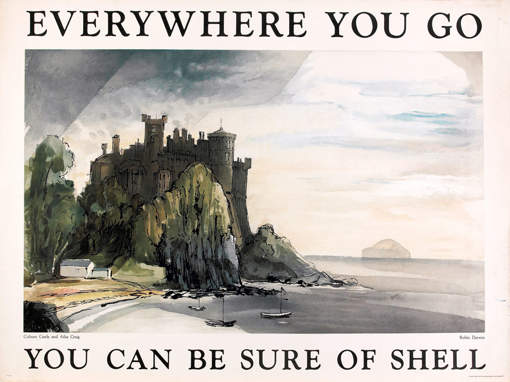 Shell poster number 1554, Culzean Castle and Ailsa Craig (1952) by Robin Darwin. Painting of Culzean Castle, with sailing boats in the foreground. Used as part of Shell's 'Everywhere you Go' campaign, which was revived following WWII.