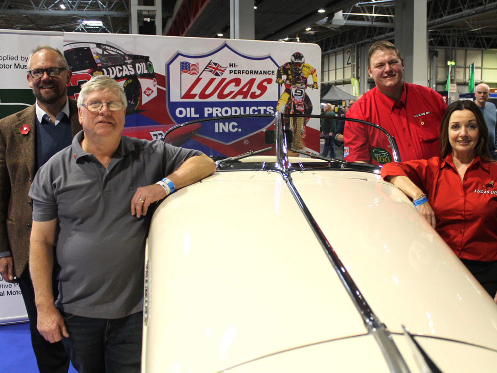 Jon Murden and Ian Stanfield from the National Motor Museum and Nia Lloyd-Williams and Jason Wilks from Lucas Oil UK announce the new partnership at the Classic Motor Show at Birmingham's NEC