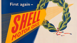 Shell poster number 1531, First again (1952) by Syd Abraham. Poster shows a graphic of a laurel wreath and the text "First again - Shell Motor Oils".