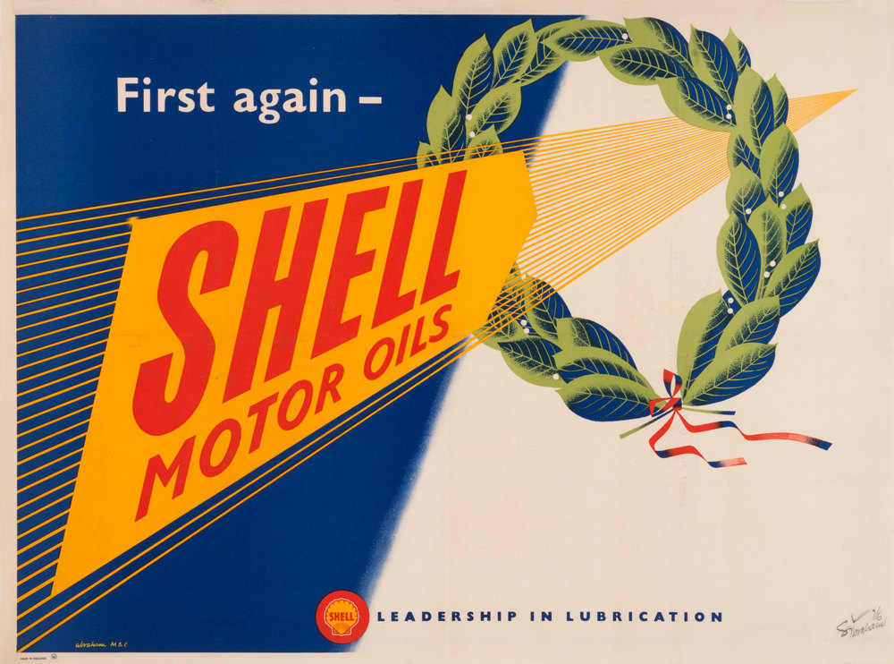 Shell poster number 1531, First again (1952) by Syd Abraham. Poster shows a graphic of a laurel wreath and the text "First again - Shell Motor Oils".