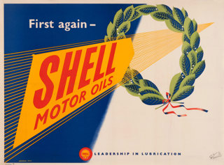 Shell poster number 1531, First again (1952) by Syd Abraham. Poster shows a graphic of a laurel wreath and the text "First again - Shell Motor Oils".