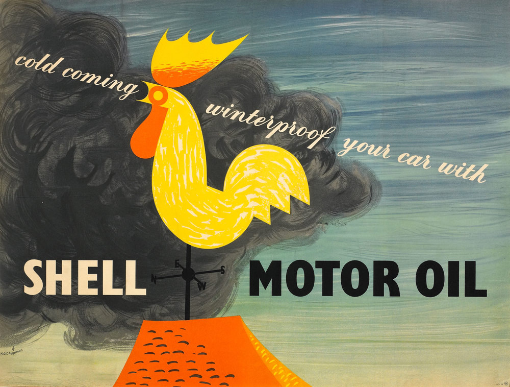 Shell poster number 1515, Weathercock (1952) by George Chapman. Stylised painting of a weathercock with grey skies in the background. Text reads: "cold coming - winterproof your car with Shell Motor Oil".