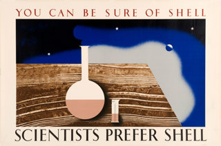 Shell poster number 446, Scientists Prefer Shell by Tom Eckersley and Eric Lombers. Stylised painting of a scientist's beaker and test tube on a wooden table.