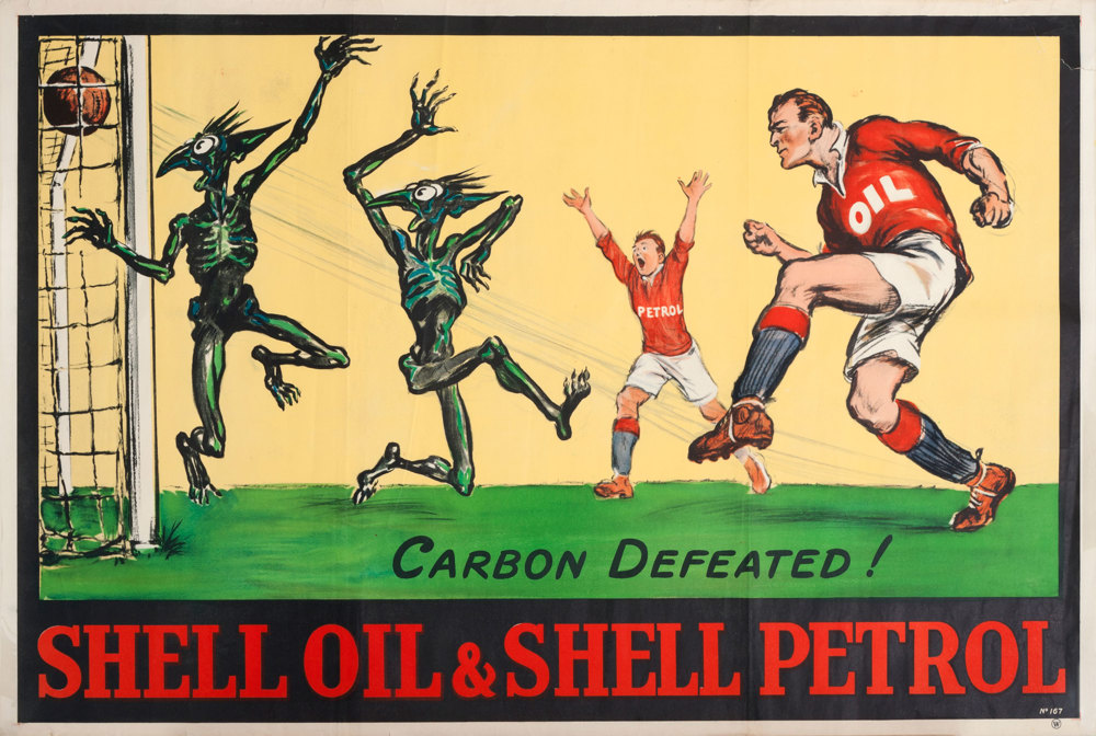 Shell poster number 167, Carbon Defeated! Footballers (1928), no artist given. Painting shows footballer, wearing a shirt displaying the word oil, scoring a goal against sprite looking figures representing carbon. His team mate wearing a "petrol" shirt is cheering in the background. This campaign promoted the benefit of using Shell oil and petrol together to reduce carbon in engines.