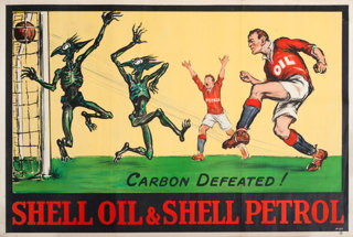 Shell poster number 167, Carbon Defeated! Footballers (1928), no artist given. Painting shows footballer, wearing a shirt displaying the word oil, scoring a goal against sprite looking figures representing carbon. His team mate wearing a "petrol" shirt is cheering in the background. This campaign promoted the benefit of using Shell oil and petrol together to reduce carbon in engines.