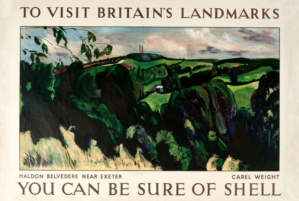 Shell poster number 462, Haldon Belvedere near Exeter by Carel Weight. Landscape painting of the area surrounding Haldon Belvedere (also known as Lawrence Castle), showing the castle in the distance on the hill.