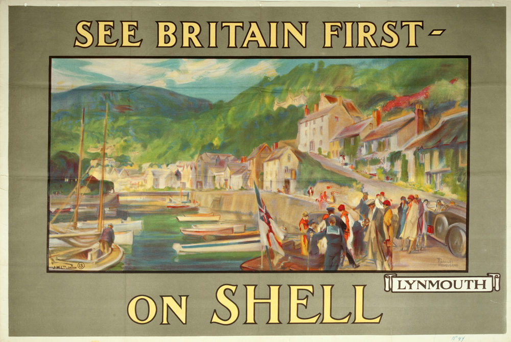 Shell poster number 97, See Britain First on Shell - Lynmouth by Charles Dominique Fouqueray (1925). Painting of the harbourside at Lynmouth.