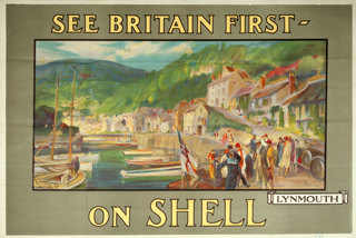 Shell poster number 97, See Britain First on Shell - Lynmouth by Charles Dominique Fouqueray (1925). Painting of the harbourside at Lynmouth.