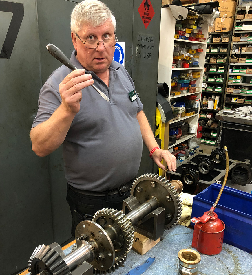 Ian Stanfield with the screwdriver found in the oil tank of the Sunbeam 1000hp