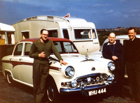 Edgar Thorne pictured far left with his Austin A105 and Ensor Elect Caravan at the 1959 British Caravan Road Rally.