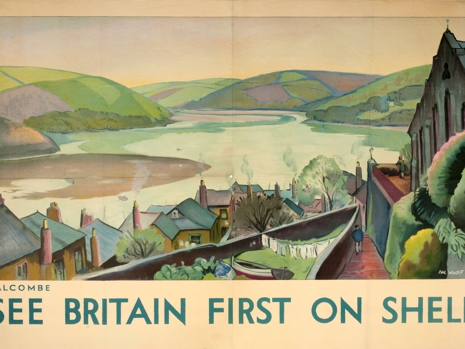 Shell poster number 292, Salcombe by Hal Woolf. Landscape painting depciting Salcombe, with the beach and hills in the background and houses and part of the church at the front of the image.