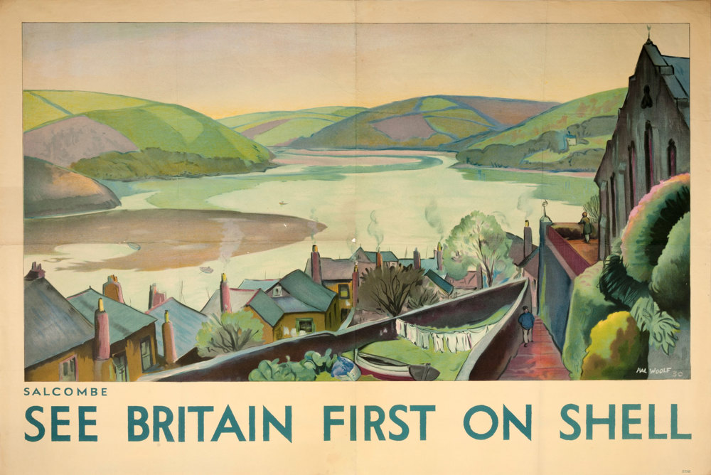 Shell poster number 292, Salcombe by Hal Woolf. Landscape painting depciting Salcombe, with the beach and hills in the background and houses and part of the church at the front of the image.