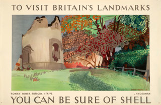 Shell poster number 467, "Roman" tower by L.H. Rosoman. Painting of the ruins of a tower at Tutbury Castle in Staffordshire.