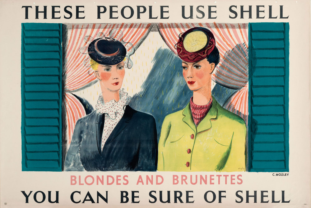 Shell Poster number 544, These people use Shell - Blondes and Brunettes (1939), by Charles Mozley. Painting of two women, one blonde, one dark in hats, standing by a window.