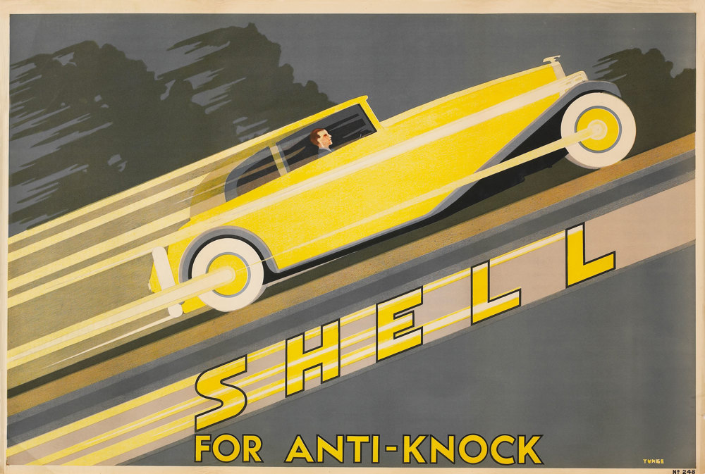 Shell poster number 248, Shell for anti-knock by John Yunge Bateman. Painting shows a yellow classic car travelling at speed. Knocking is an unwanted problem that can occur during combustion, caused by the petrol-air mixture exploding and causing a knocking noise.