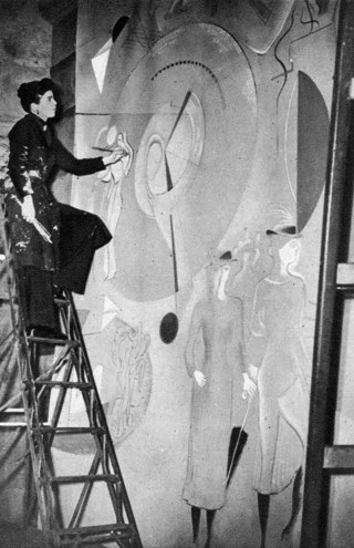 Mary Kessell painting a mural for Shell BP Pavillion in 1938. Credit Illustrated London News Ltd/Mary Evans
