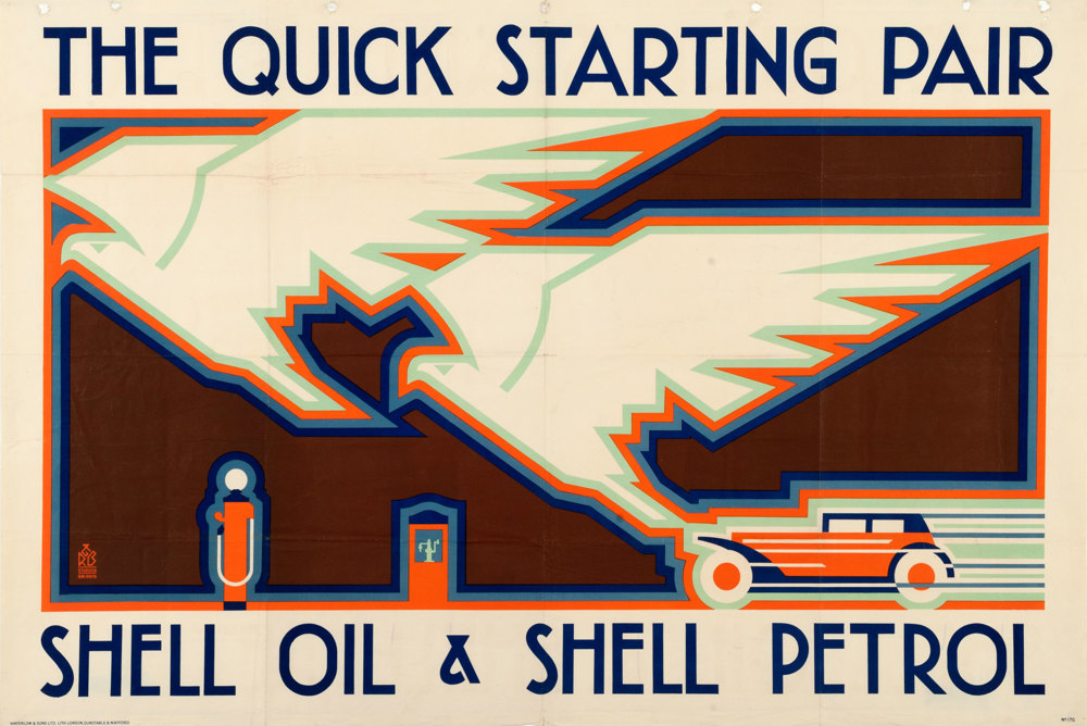 Shell poster number 170, Eagles and Car by R.B. Studios (1928). Picture shows a speeding vintage car incorporating the graphic design of two eagles produced in an art deco style.