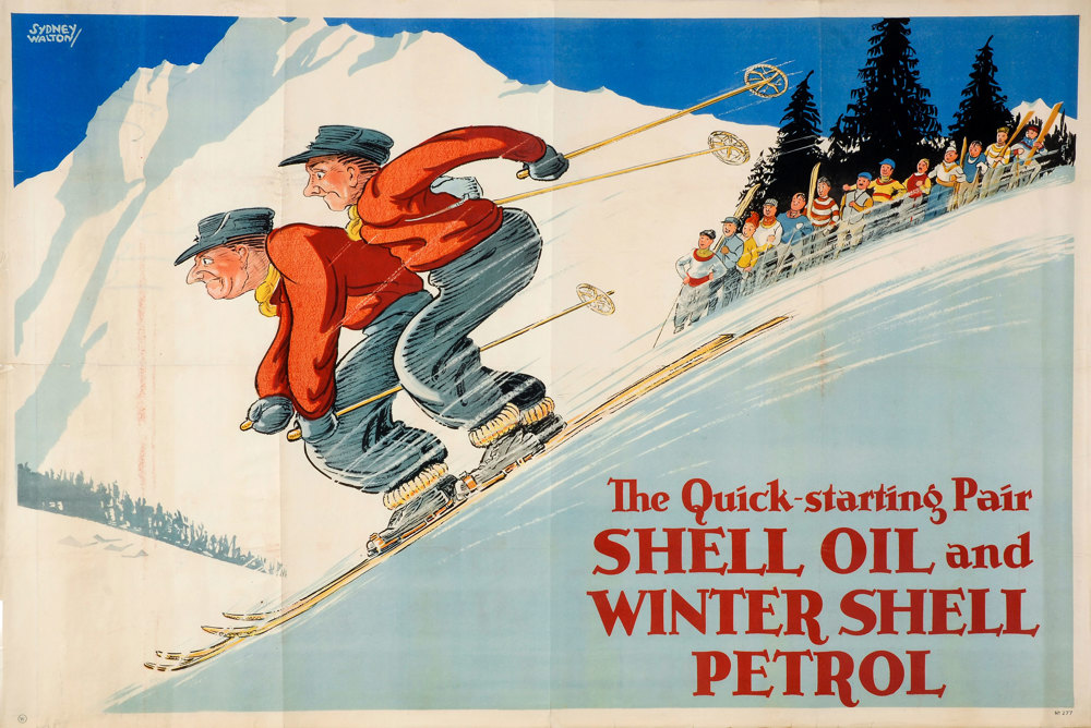 Shell poster number 277, Skiers by Sydney Walton. Cartoon of two men skiing down a slope, accompanying text reads "The Quick-starting Pair Shell Oil and Winter Shell Petrol".